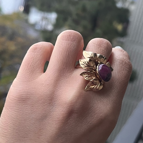 ANTIQUE 14K YELLOW GOLD MASSIVE RING "FLOWER" with "RED STAR"-RUBY, ART NOUVEAU - Picture 12 of 12